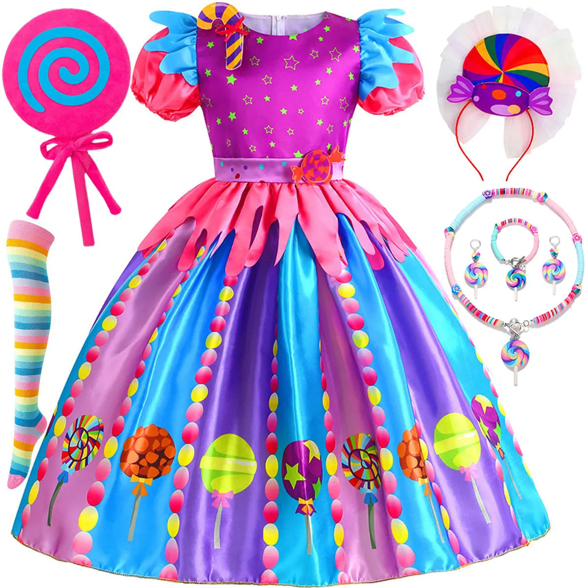 2025 Purim Festival Suspender Rainbow Dress For Girl Candy Lollipop Costume Party Gift Candy Dress + Lollipop Accessories Suit