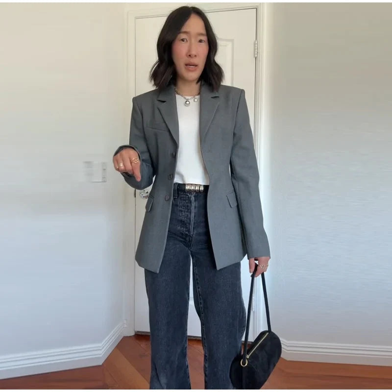 Casual Single-breasted Suit Jackets 2026 Spring New Female Elegant Lapel Full Sleeve Blazers Coat Women's Waist-cinching Outwear