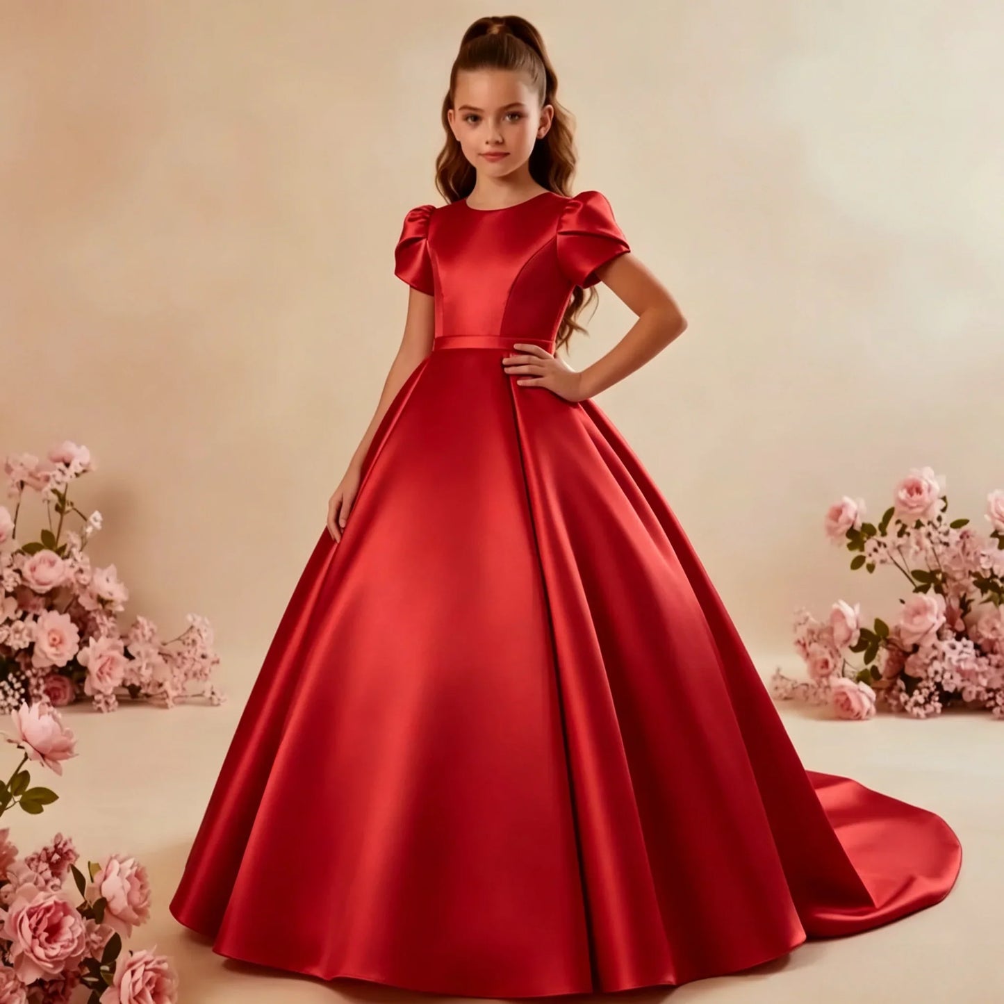White Flower Girl Dress for Wedding With Bow Satin Floor Length Elegant First Communion Ball Birthday Party Gowns