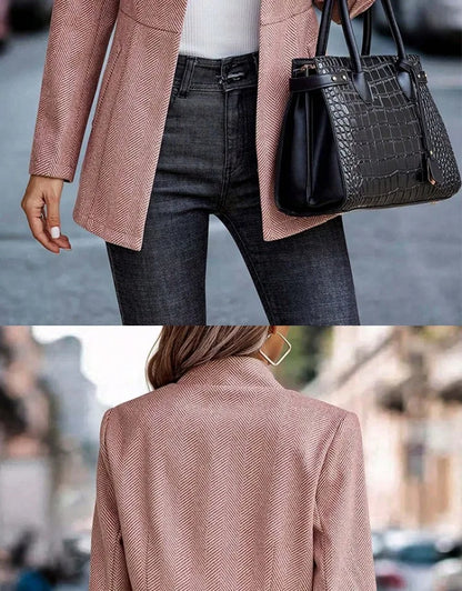 Commute Style Simple Design Woolen Suit Coat Pink Lapel Open Cardigan Short Length Polyester Fiber Women's Fashion Outerwear