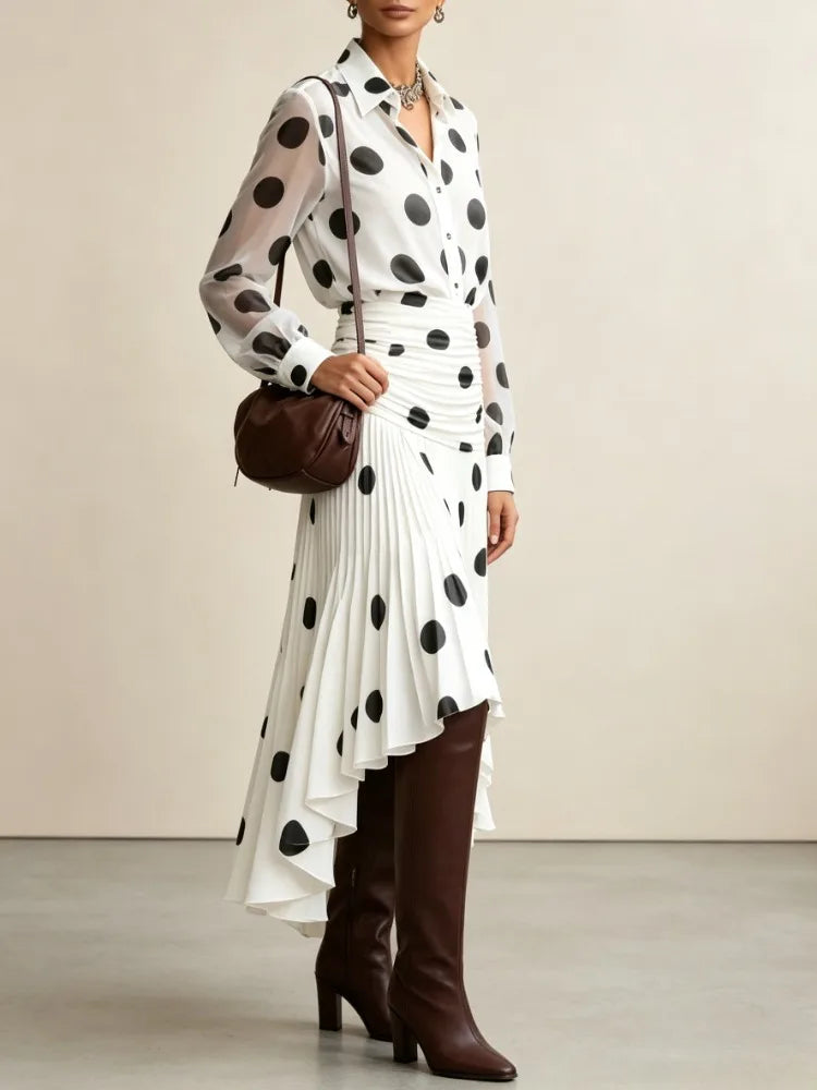 Modigirl Women's Vintage Polka Dot Chiffon Shirt 2026 Semi Sheer Sleeves Slimming Versatile for Daily Office Early Autumn Wear