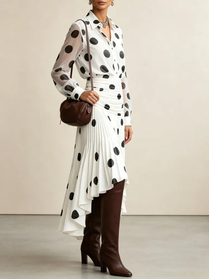 Modigirl Women's Vintage Polka Dot Chiffon Shirt 2026 Semi Sheer Sleeves Slimming Versatile for Daily Office Early Autumn Wear