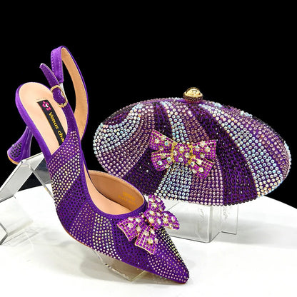 New Arrival Women's Elegant Black Shoes with Rhinestone-Embellished Diamond Heels & Matching Handbag – Perfect Fashion Set for