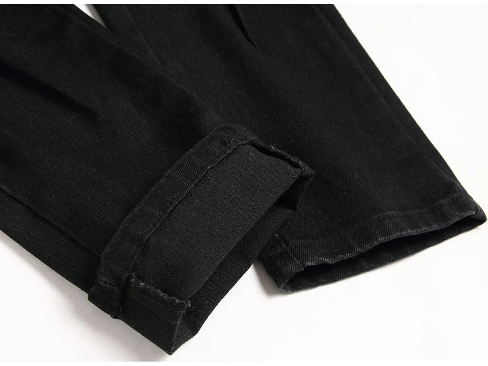 Men Snake Embroidery Jeans Streetwear Black Stretch Denim Pants Holes Ripped Distressed Slim Straight Trousers