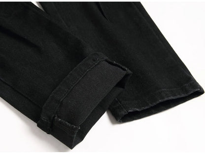 Men Snake Embroidery Jeans Streetwear Black Stretch Denim Pants Holes Ripped Distressed Slim Straight Trousers