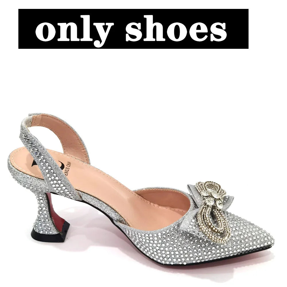 The Latest INS Style Rhinestone Bow Side Empty Party High Heels Pointed Toe Stiletto Heels Silver Women's Shoes And Bags