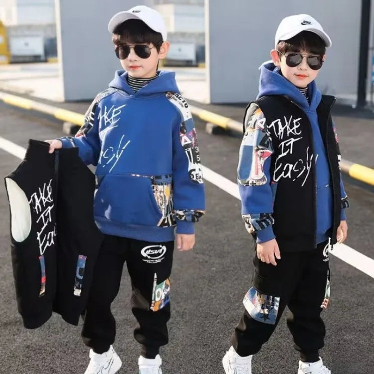Fleece-Lined Coat Set Hoodies Printed Cartoon Boy Children's Clothing Men's Sets Autumn Winter Clothes Elementary Student Suit