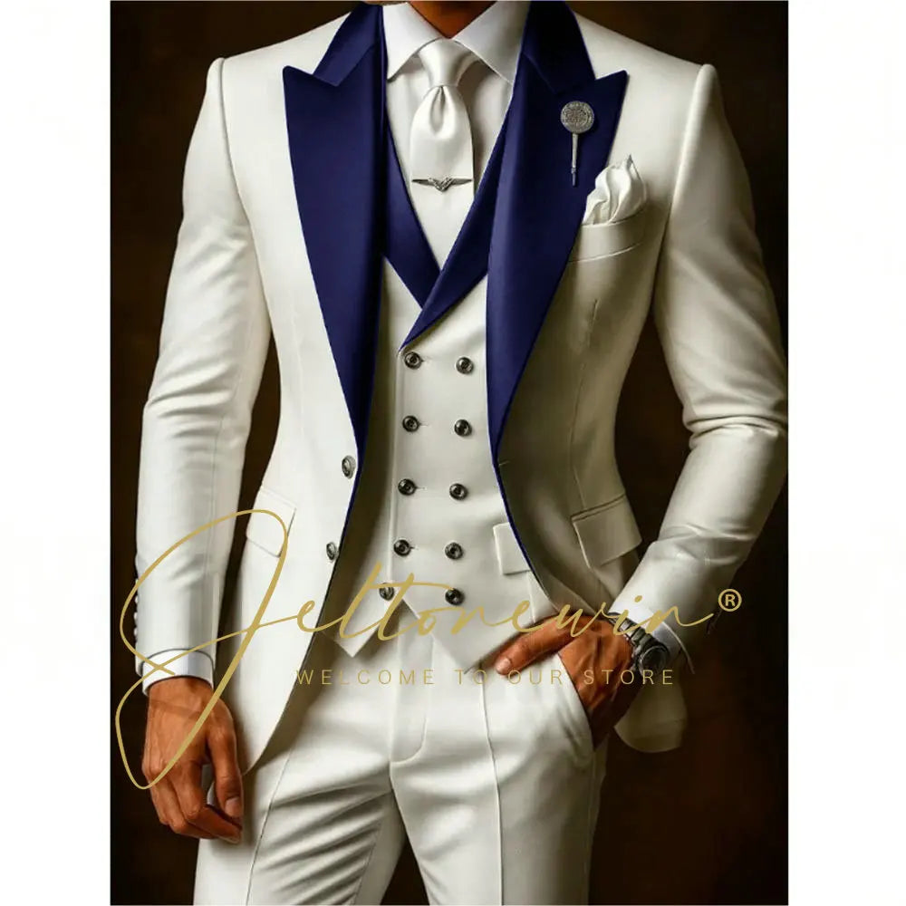 White Suits Set For Men Wedding Party Fashion Blazer Vest Pants Formal Groomsmen Tailor-made Male High Quality Groom Tuxedos