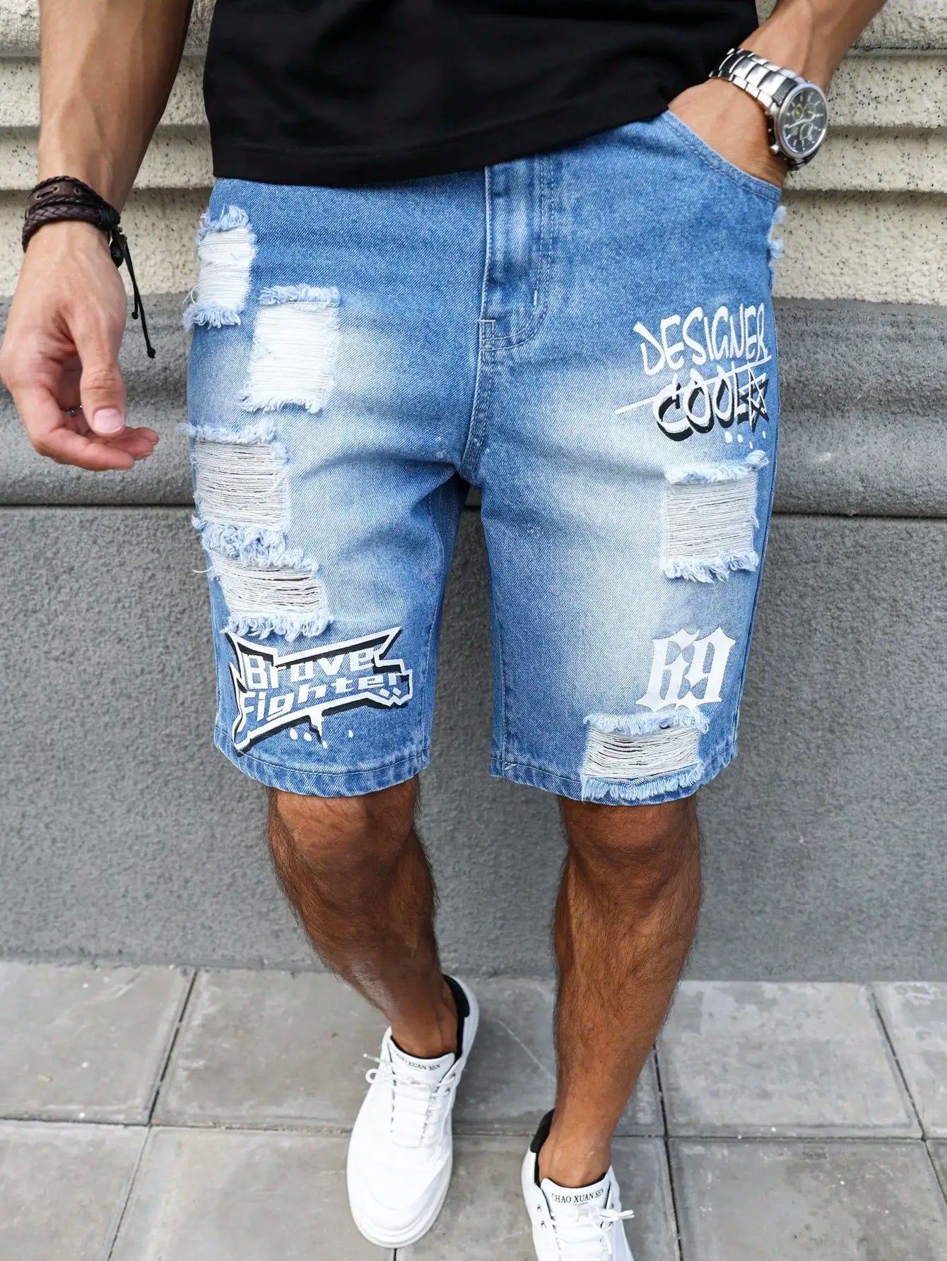 Men's Summer Blue Ripped Printed Denim Shorts. Trendy Ripped Design. Stylish Text Prints.