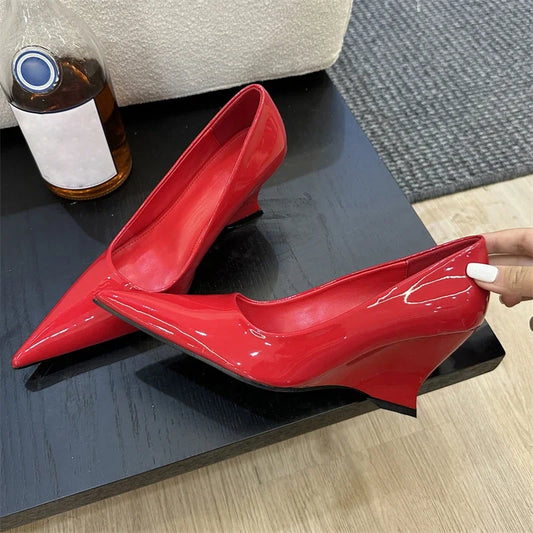 New Design Pointed Toe Wedges High Heels Women Pumps Silver Red Shoes Sexy Wedding Banquet Zapatos Mujer
