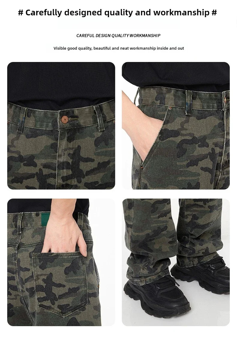 Tall Pants for Slim Thin Skinny Men Y2K Straight Wide Leg Cotton Cargo Pants Camouflage Extra Long Length Trouser Male Vintage