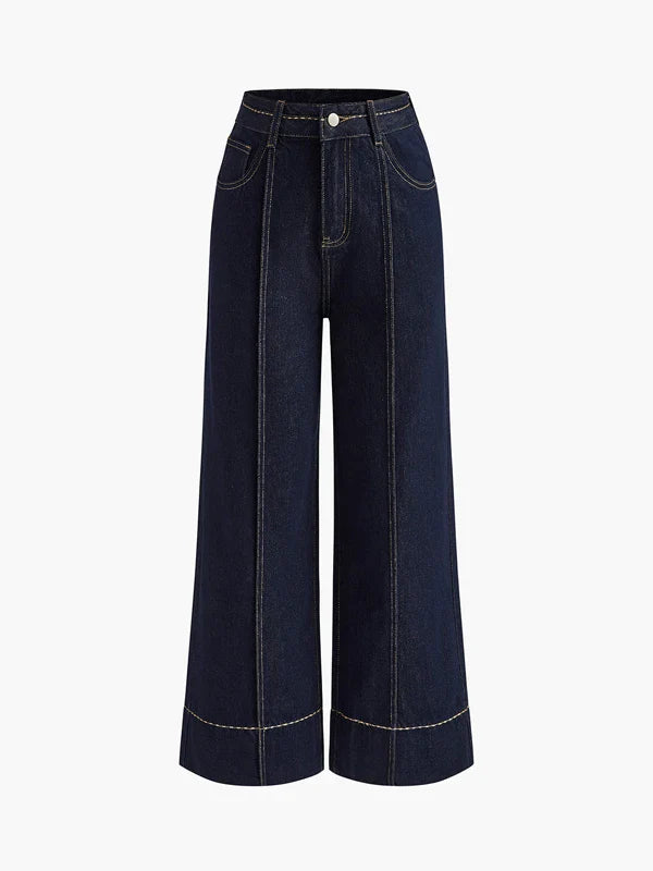 2026 Summer Women's Trendy Wide Leg Jeans Dark Blue High Waist Center Pleated Denim Pants with Contrast Stitching