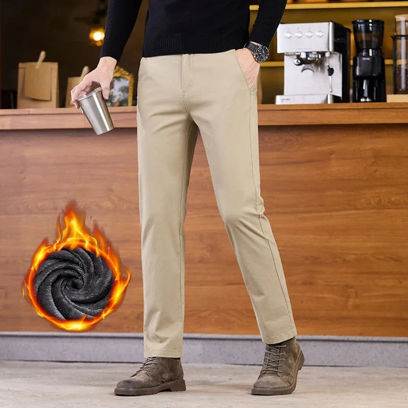 2025 Winter Fleece Pants Men's Pocket Fashion Thickened Cotton Stretch Comfort Plush Straight Business Pants Male