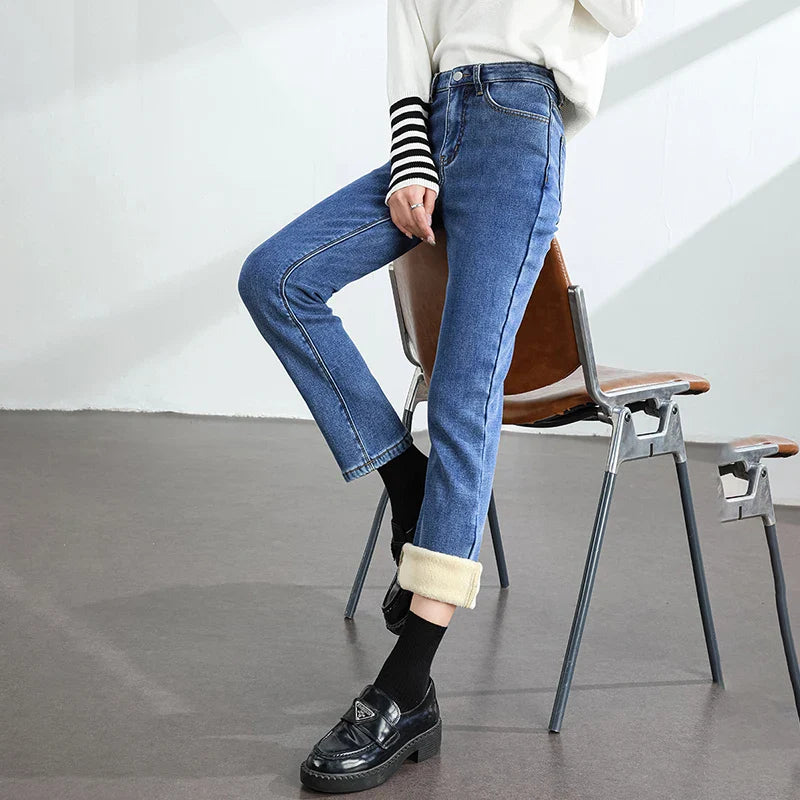 Women's Winter Fleece Warm Jeans Retro Elastic Thickened Comfortable Straight Fashion Korean Casual Female Velvet Denim Pants