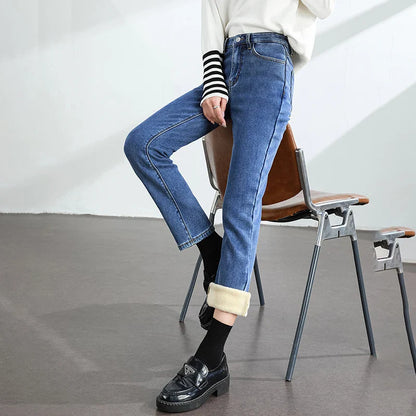 Women's Winter Fleece Warm Jeans Retro Elastic Thickened Comfortable Straight Fashion Korean Casual Female Velvet Denim Pants