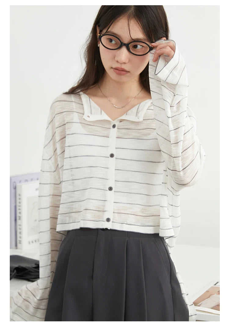 Korean Women T-Shirts Loose Casual New Striped Long Sleeve Sunscreen Shirt Designed Female Tees Summer 2025
