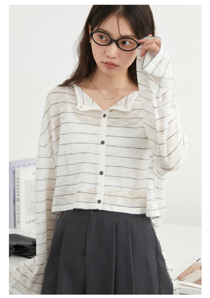 Korean Women T-Shirts Loose Casual New Striped Long Sleeve Sunscreen Shirt Designed Female Tees Summer 2025