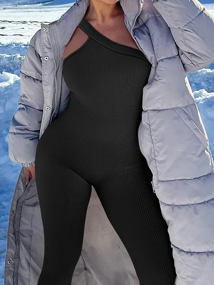 Women Yoga Jumpsuits Workout Ribbed One Shoulder One Piece Sport Jumpsuits Solid Sleeveless Hip Lifting Fitness Jumpsuits