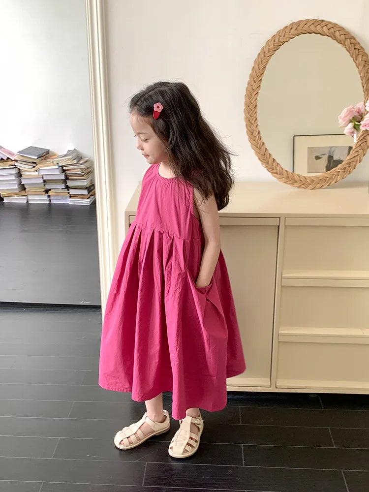 2026 New Summer Children Girls Sleeveless Dress Teen Solid Color Cotton Loose Casual Sundress Kids Vacation Style Princess Dress