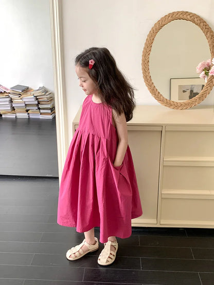 2026 New Summer Children Girls Sleeveless Dress Teen Solid Color Cotton Loose Casual Sundress Kids Vacation Style Princess Dress