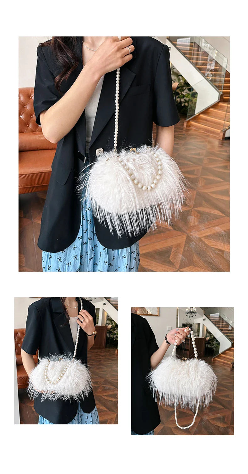 Luxury Faux Fur Evening Bag Pearl Chain Trendy Long Tassel Plush Shoulder Bag Large Capacity Tote Wedding Handbag XA48ZZ