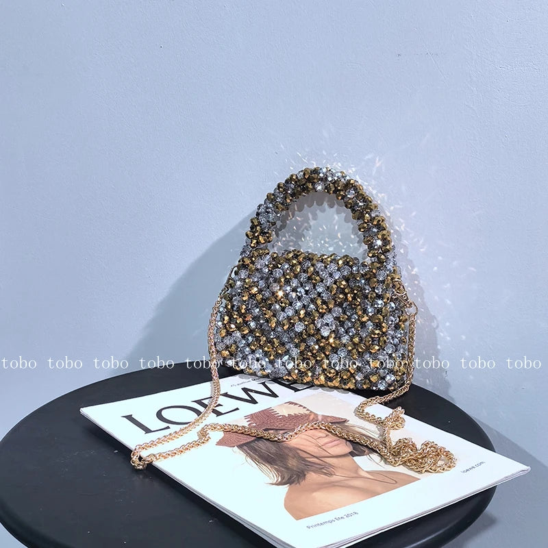 Crystal Bling Handmade Party Lunch Bags Unique Shiny Women's Handbag 2023 Trendy Female Sliver and Golden Long Belt Wallet