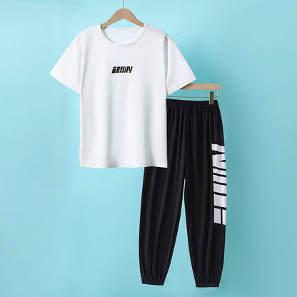 2-pcs Summer Youth Fashion Letter Set 13-16 Year Old Boys and Girls Simple and Versatile Letter Short Sleeve T-shirt Black Pants