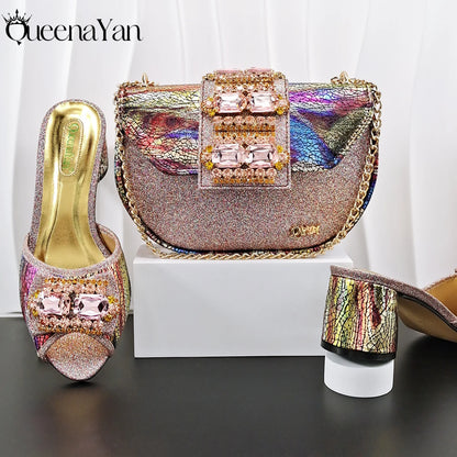 Hot Selling Fashion Mature  Brushed Style Rainbow Color Rhinestone Decoration Design Party Wedding Lady High Heels and Bag Set