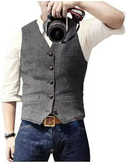 Vintage Men's Suit Vest V Neck Wool Herringbone Tweed Casual Classic Slim Fit Waistcoat Formal Business Wedding Groomsmen