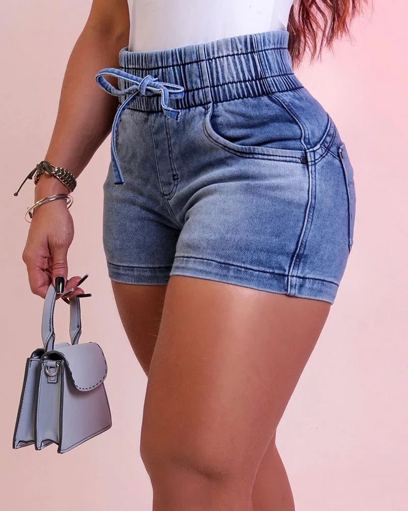 Luxury Fashion Slim Spring/summer New Slim Denim Shorts Women's High Waist Elastic Waist Lace-up Hot Pants