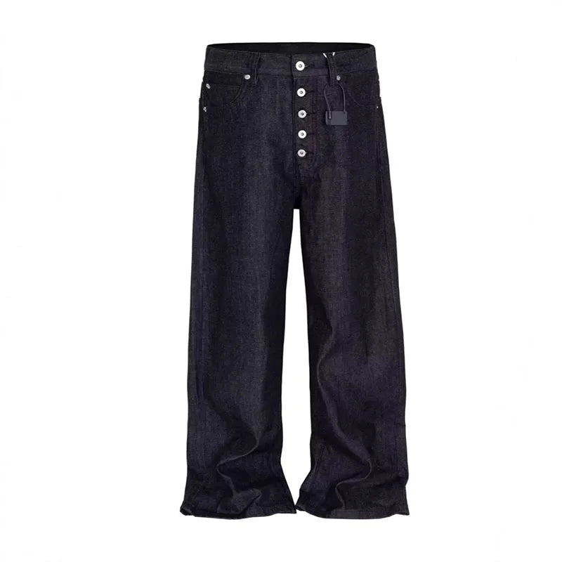 High Street Retro Buckle Design For Men'S Jeans Street Ruff And Handsome Loose Casual Wide Leg Pants Black Jeans