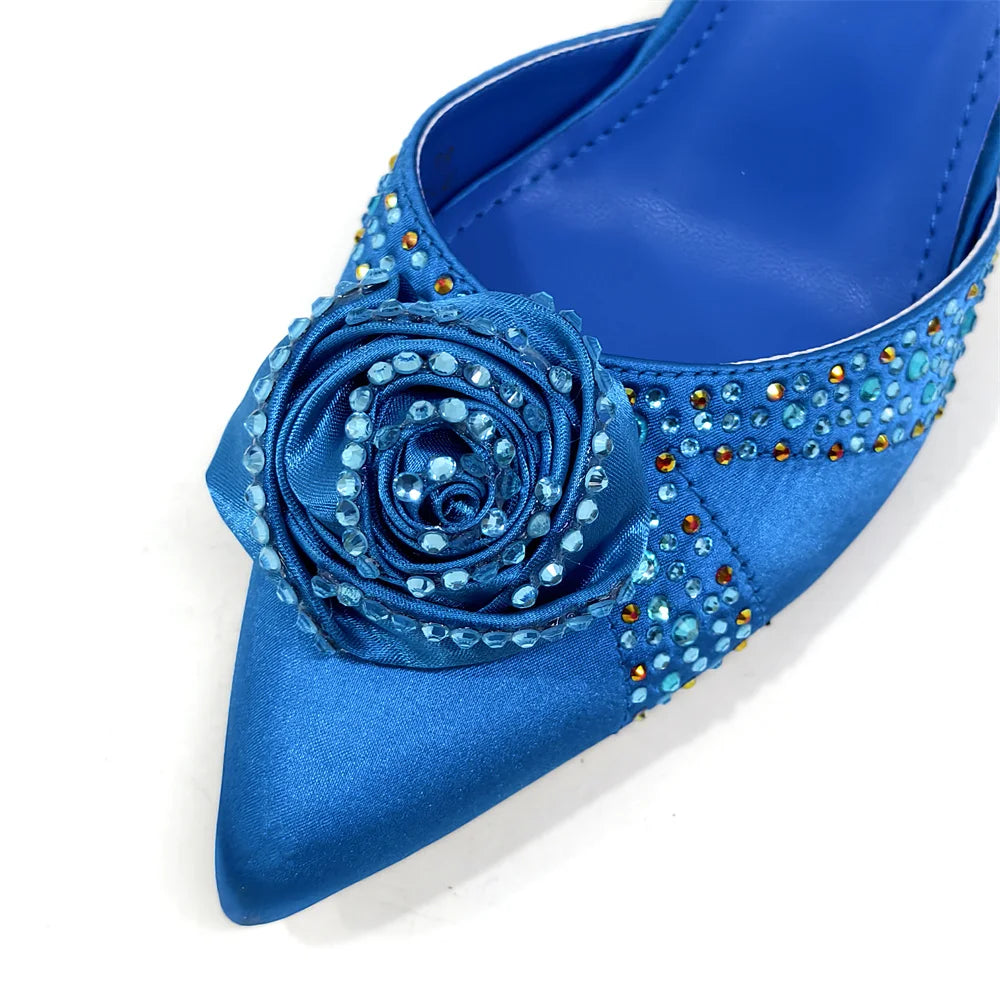 Elegant Rhinestone-Embellished Brown Heeled Shoes and Handbag Set for Women with Floral Decoration – Perfect Small Size Fashion