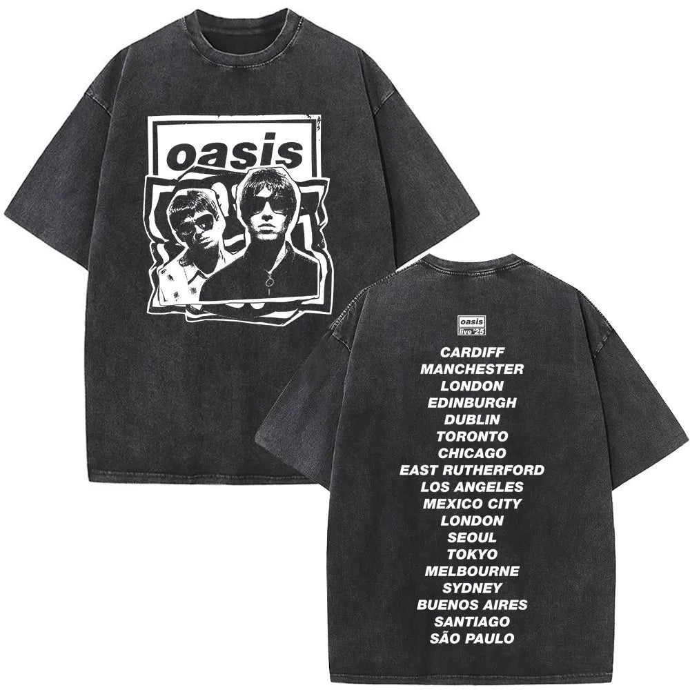 O-Oasis T-Shirts British Rock Band Vintage Washed T-shirt Men Women Clothing Cotton Casual Short Sleeve T Shirts Tops Streetwear