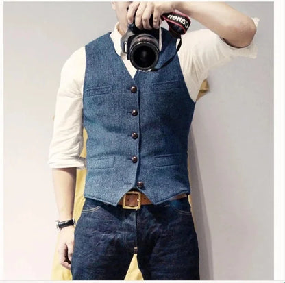 Mens Suit Vest Tweed Retro V Neck Wool Herringbone Waistcoat for Prom Single Breasted Males Dress Suit Vest Plus Size