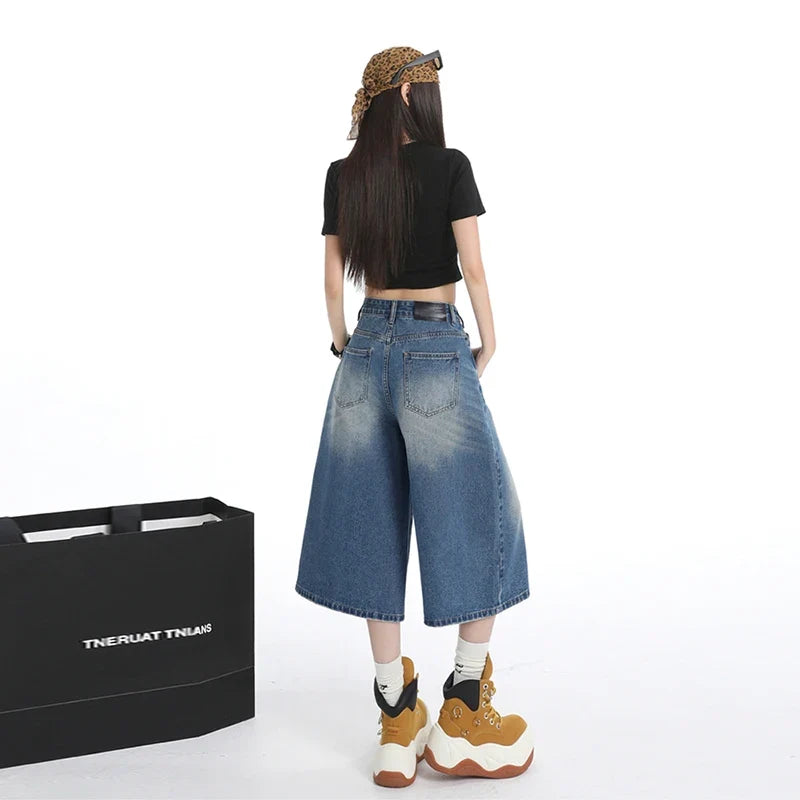 Women's American Vintage High Waist Denim Capri Design Sense Straight Leg Wide Leg Casual Shorts