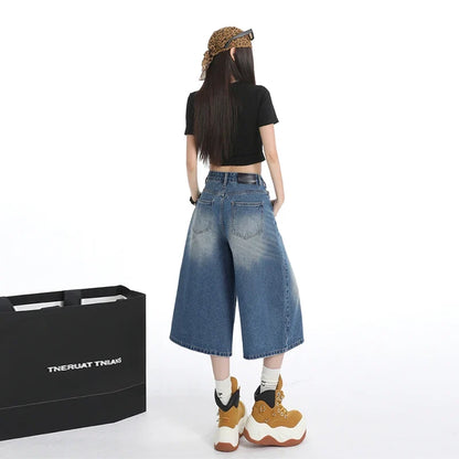 Women's American Vintage High Waist Denim Capri Design Sense Straight Leg Wide Leg Casual Shorts