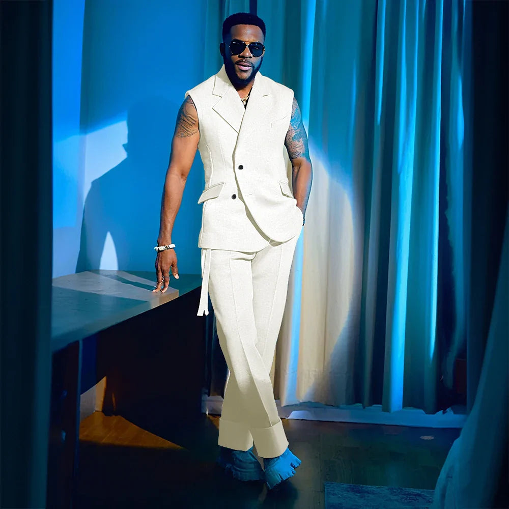 2025 Summer Hot 2 Pieces Jacket Pants Single Breasted Notch Collar High Quality Business Male Clothing Sleeveless Fashion