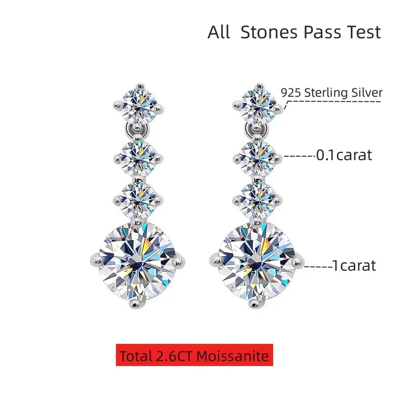 S925 Silver Moissanite Drop Earrings For Women 2.6 Carat Real Moissanite Lab Diamond Engagement Wedding Fine Jewelry Gift
