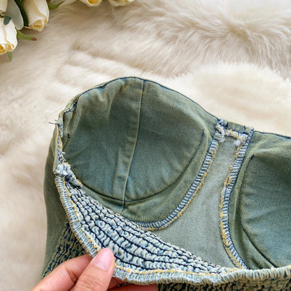 Lace Splice Denim Tops Female Strapless Sleeveless Elastic Slim Fit Camsiole Summer Streetwear Irregular Tank Tops