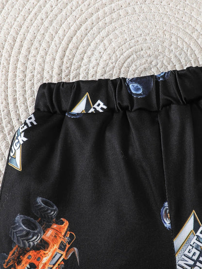Boys' set car letter pattern positioning print round neck short sleeved T-shirt paired with shorts cool boys' two-piece set
