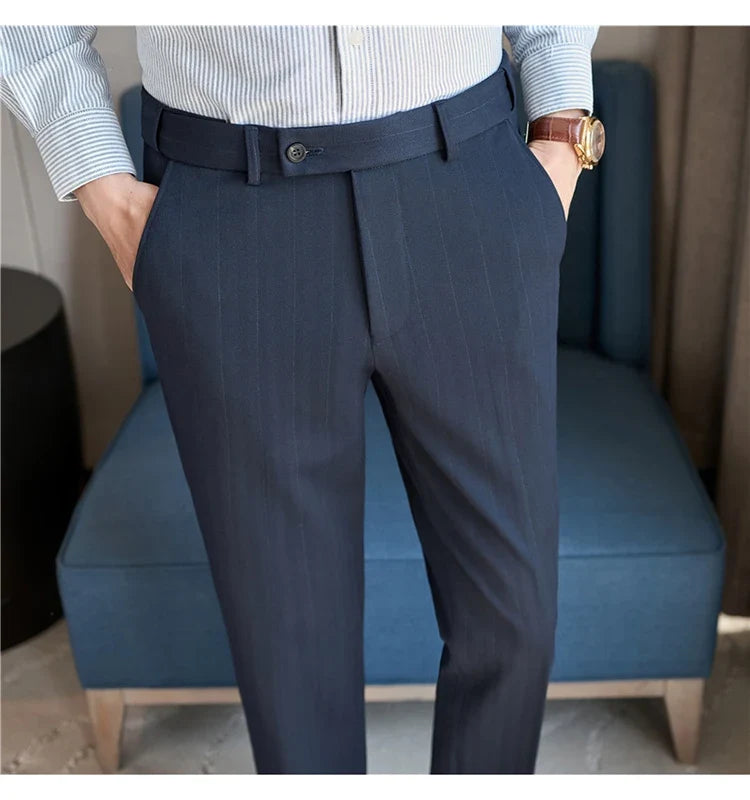 High Qualitys Wool Elastic Waist Striped Suit Pants Autumn Winter Thickening Men Business Slim Fit Social Casual Trousers Hommes