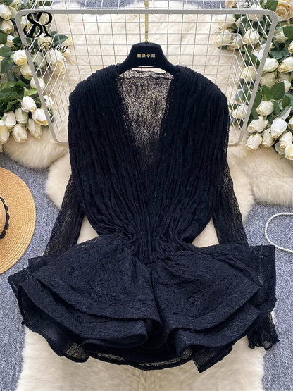 Autumn Streetwear Tops Suits Women O Neck Full Sleeves Thin Sheer Lace Shirts+Sleeveless Outerwear Ruffles Tank Top