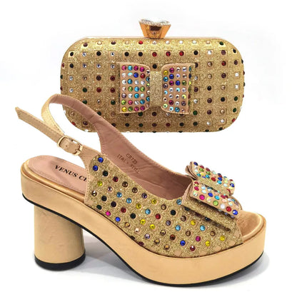 Gold Party Shoe and Bag Set for Wedding Italy Style Italian Matching Shoes and Purse Set for Bride Bridal High Heels Sandals Bag