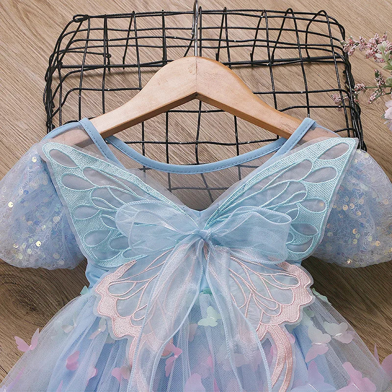 Baby Girls Butterfly Wings Fairy Gauze Princess Puff Sleeve Dress Lovely Kids Summer Tulle Dress Child Birthday Party Gown Dress
