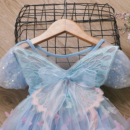 Baby Girls Butterfly Wings Fairy Gauze Princess Puff Sleeve Dress Lovely Kids Summer Tulle Dress Child Birthday Party Gown Dress