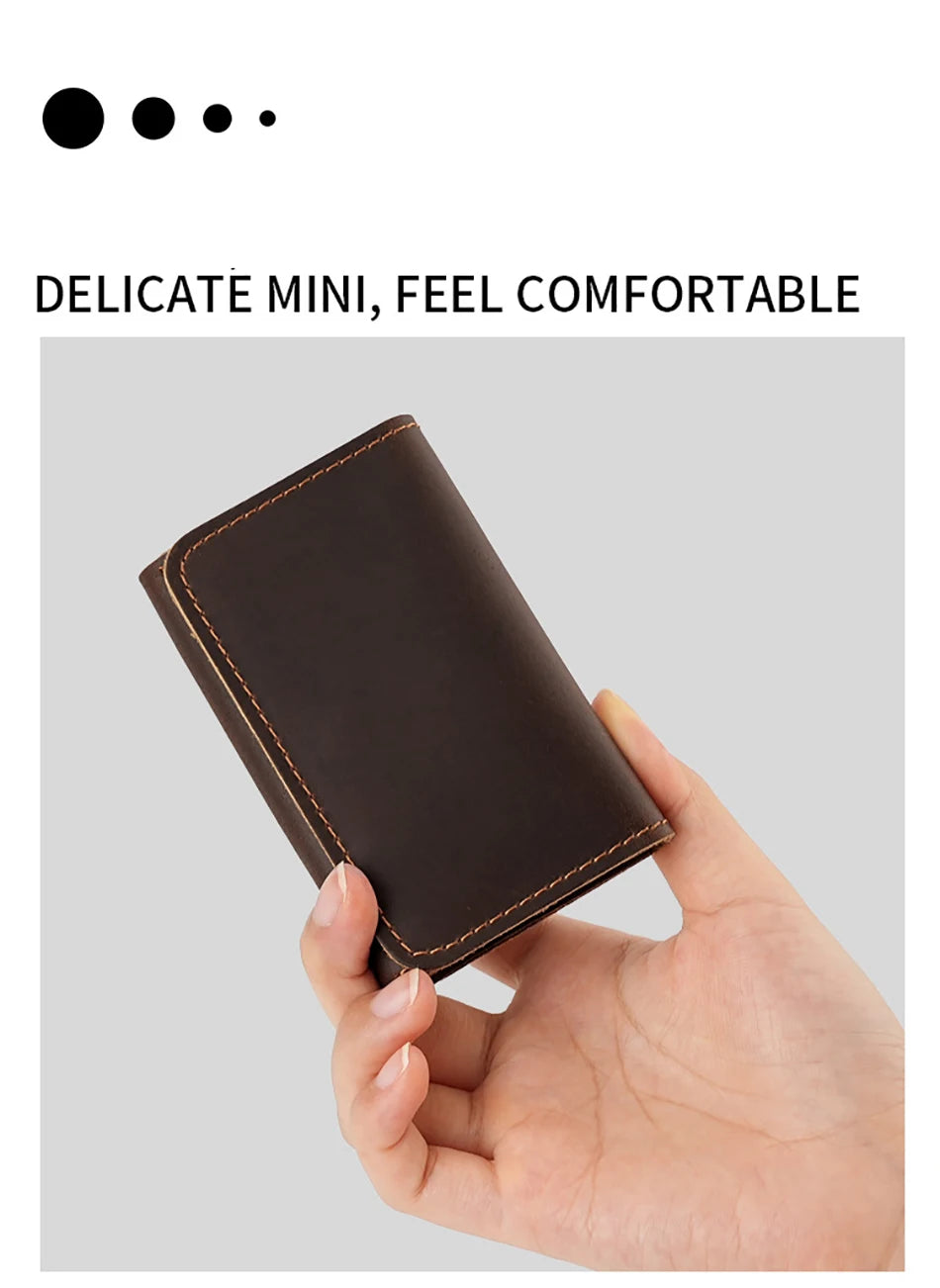 Crazy Horse Leather Card Holder Top-Grain Cowhide Snap - Button Genuine Leather Multi-function Wallet RFID Credit Card Case