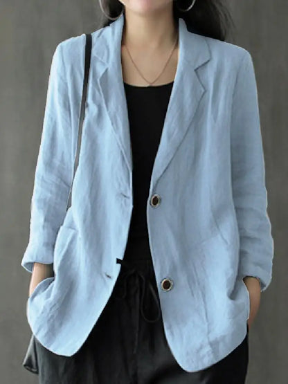Women Lapel Neck Long Sleeve Blazer Autumn Vintage Casual Solid Cotton Blazer Elegant Cardigan Thin Coats Work Suits