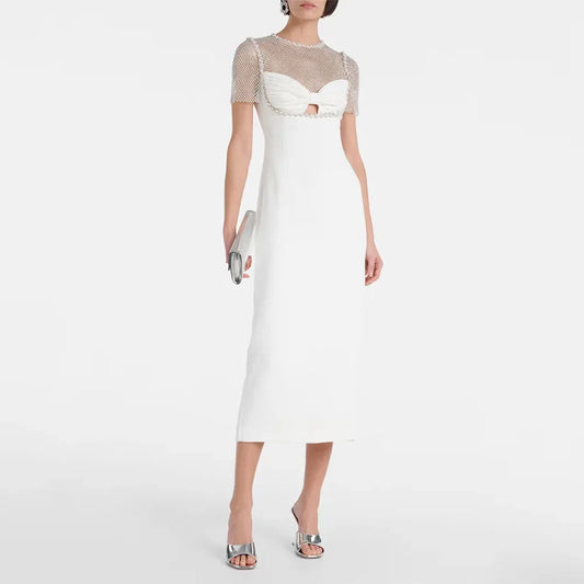 Ivory Women's Evening Gown Tea Length Prom Dress Short Sleeves Gliter Beading Formal Party Dress Sheath Saudi Dress