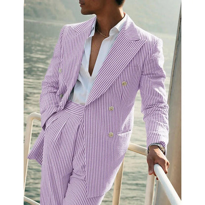 Light Pink Vertical Stripes Suits for Men Two-piece Set Summer Comfortable Linen Cotton Fabric Mens Suit for Casual Beach Party