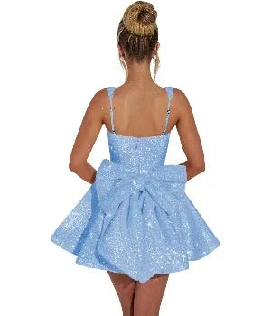 Square Collar Sequin Back To School Dress Spaghetti Strap Cocktail Gown Bow, Backless Elegant Princess Birthday Party Dance Gown